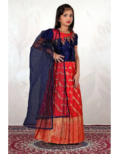 Red Traditional Lehenga Choli Set with Navy Blue Dupatta
