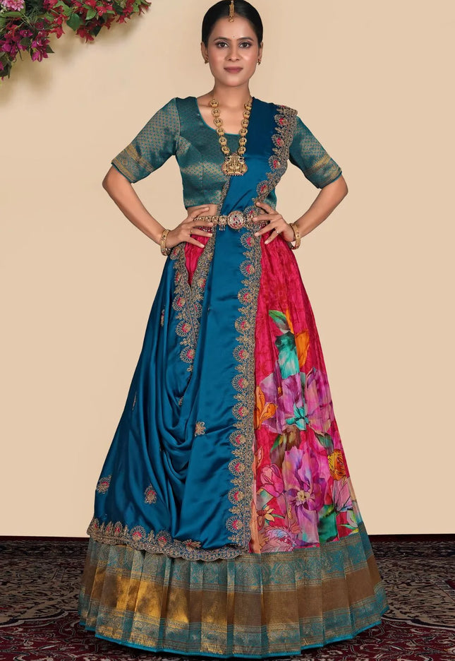 Red Viscose With Digital Print Half Saree With Dupatta