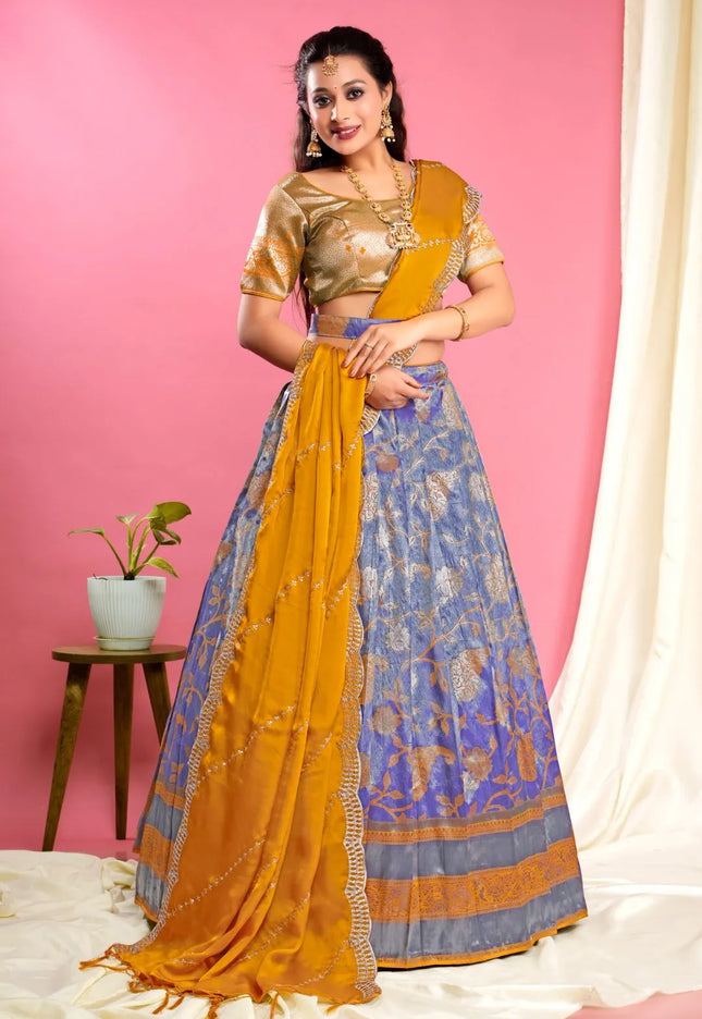 Royal Blue Self Jacquard Lehenga Choli With Dupatta Set For Women