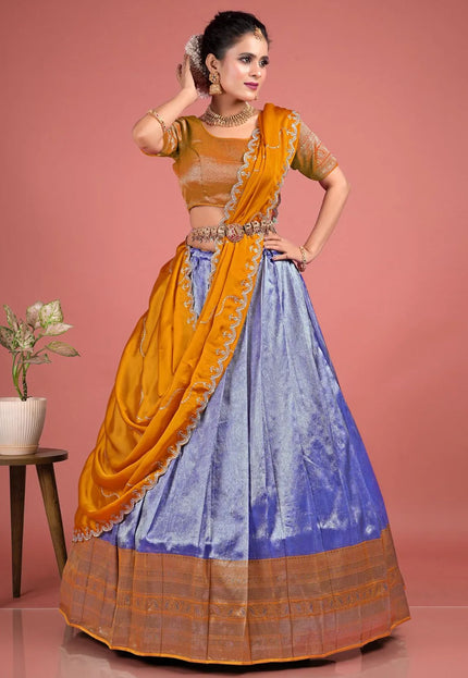 Royal Blue Self Jacquard Lehenga Choli With Zari Woven