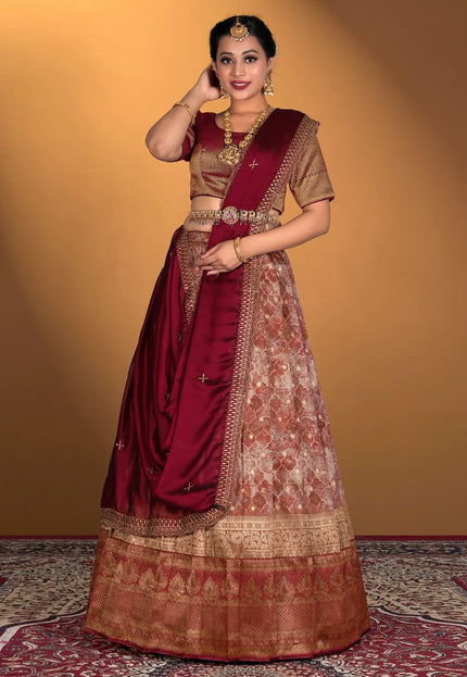 Rust Banglori Slub With Digital Print Lehenga Choli For Women