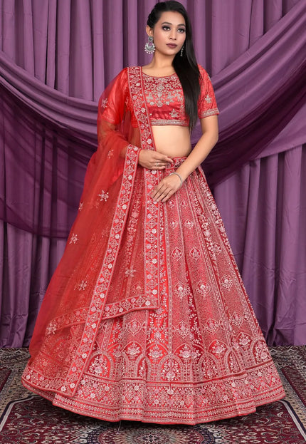 Rust Diamond Embroidered Net Lehenga Choli For Women