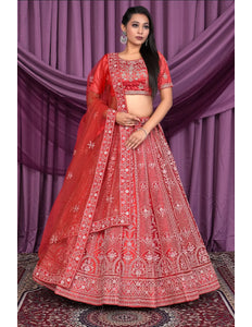 Rust Diamond Embroidered Net Lehenga Choli For Women