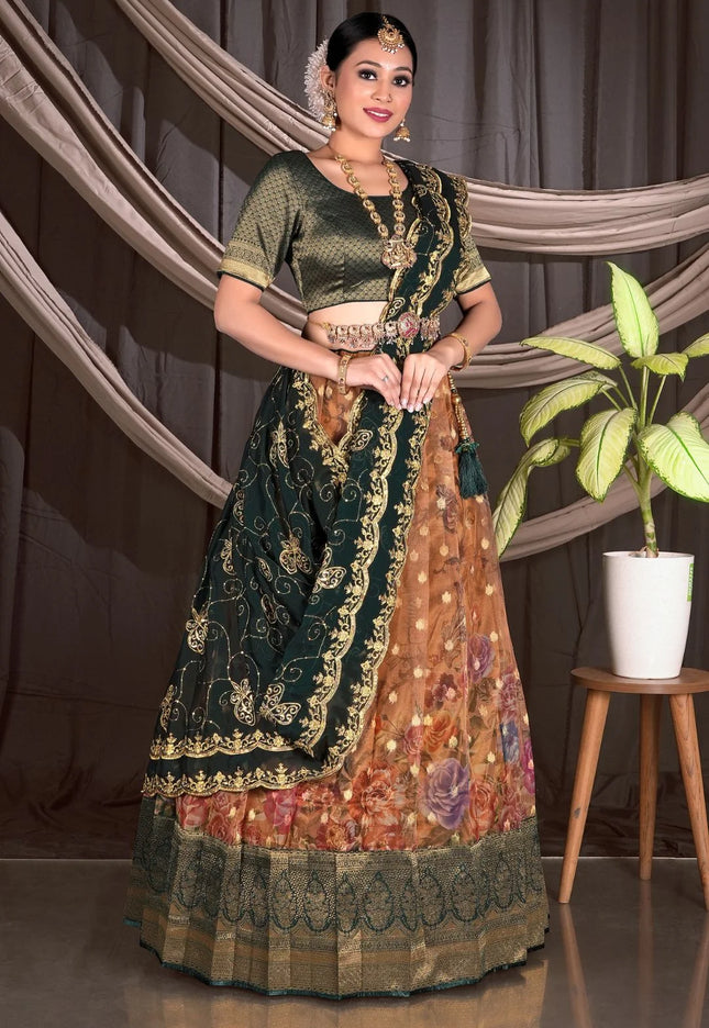 Rust Semi-Stitched Digital Print Lehenga Choli In Tissue Silk