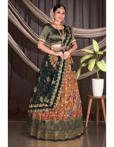 Rust Semi-Stitched Digital Print Lehenga Choli In Tissue Silk