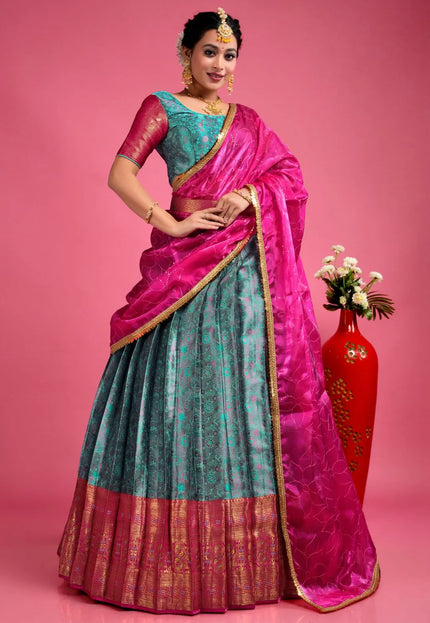 Sea Green Banarasi Silk Semi-Stitched Lehenga Choli For Women