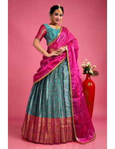 Sea Green Banarasi Silk Semi-Stitched Lehenga Choli For Women