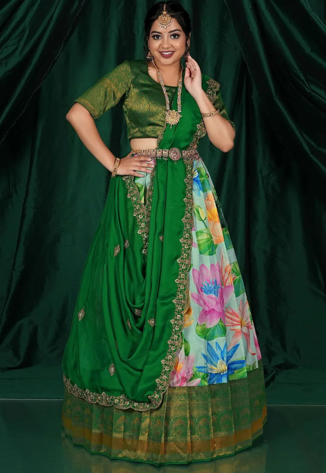 Sea Green Banglori Slub Half Saree With Digital Print