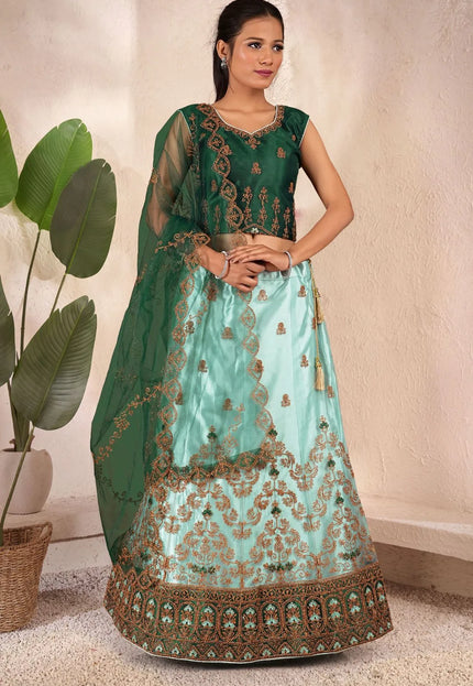 Sea Green Embroidered Net Kids Readymade Lehenga Choli