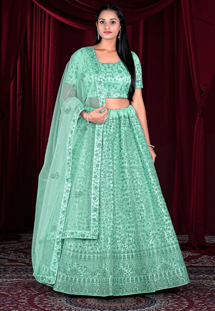 Sea Green Exclusive Net Lehenga Choli With Embroidered Work