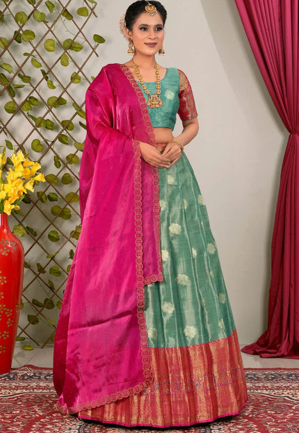 Sea Green Zari Silk Lehenga Choli With Dupatta For Women