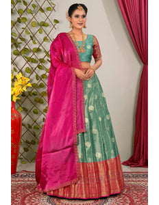Sea Green Zari Silk Lehenga Choli With Dupatta For Women
