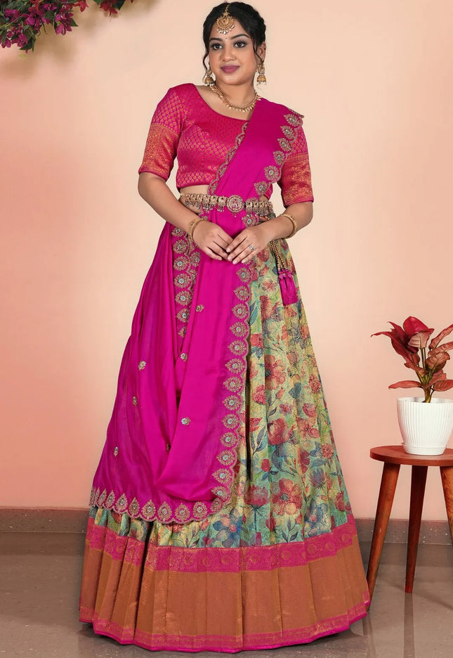 Sea Green Banarasi Jacquard Pattu Half Saree For Women