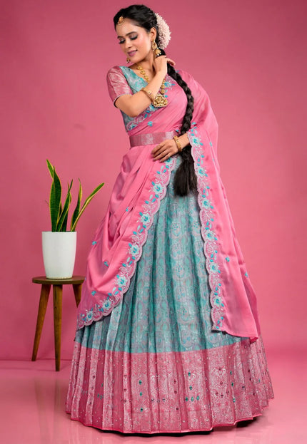 Sea Green Banarasi Silk Floral Lehenga Choli Fendy Dupatta