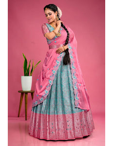 Sea Green Banarasi Silk Floral Lehenga Choli Fendy Dupatta
