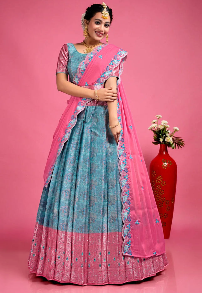 Sea Green Banarasi Silk Floral Lehenga Choli For Women