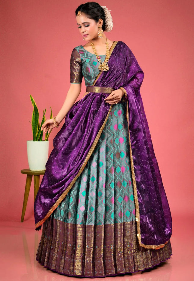 Sea Green Banarasi Silk Lehenga Choli With Zari Weaving