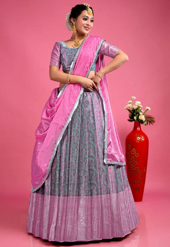 Sea Green Banarasi Silk Semi-Stitched Lehenga Choli For Women