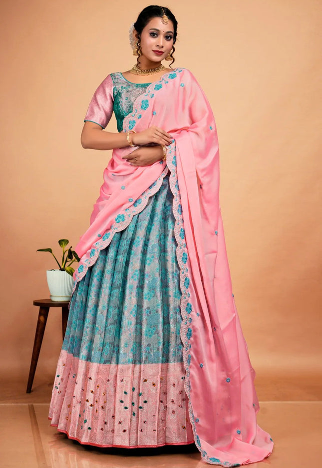 Sea Green Banarasi Silk Semi-Stitched Lehenga Choli For Women