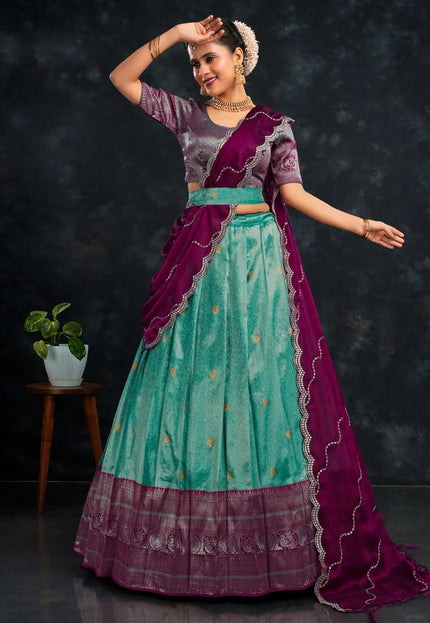 Sea Green Banarasi Zari Work Designer Half Saree For Women