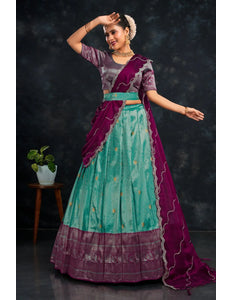 Sea Green Banarasi Zari Work Designer Half Saree For Women