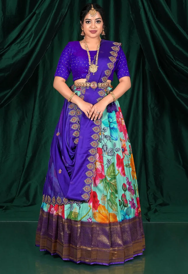 Sea Green Banglori Slub Digital Lehenga Choli For Women