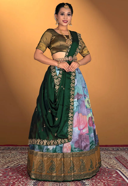 Sea Green Banglori Slub Digital Printed Lehenga Choli With Dupatta