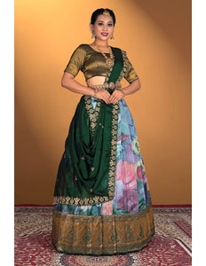 Sea Green Banglori Slub Digital Printed Lehenga Choli With Dupatta