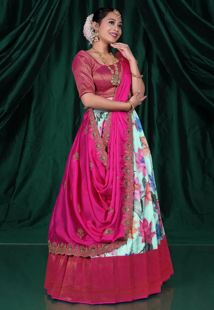 Sea Green Banglori Slub Half Saree With Digital Print