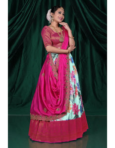 Sea Green Banglori Slub Half Saree With Digital Print