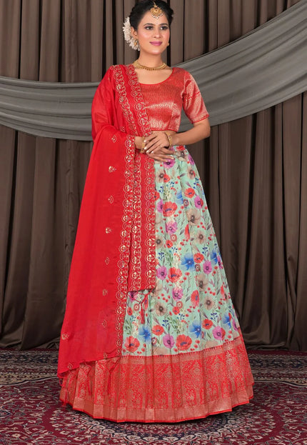 Sea Green Banglori Slub Semi-Stitched Lehenga For Women