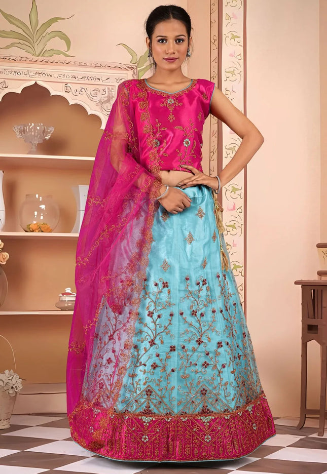 Sea Green Embroidered Net Kids Readymade Lehenga Choli