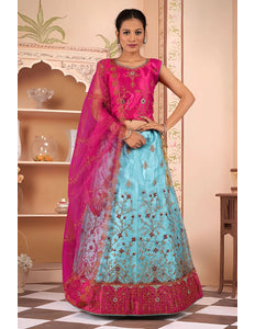 Sea Green Embroidered Net Kids Readymade Lehenga Choli