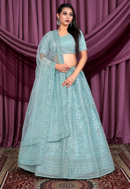 Sea Green Embroidered Net Lehenga Choli For Women