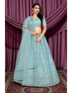 Sea Green Embroidered Net Lehenga Choli For Women