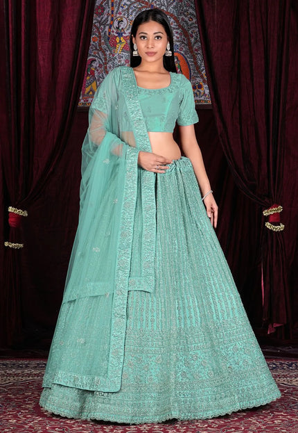 Sea Green Embroidered Net Semi-Stitch Lehenga Choli For Women