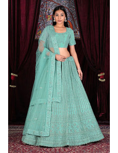Sea Green Embroidered Net Semi-Stitch Lehenga Choli For Women