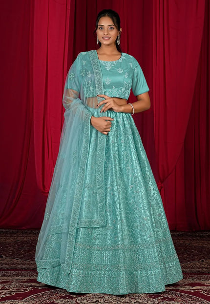 Sea Green Exclusive Net Lehenga Choli With Embroidered Work