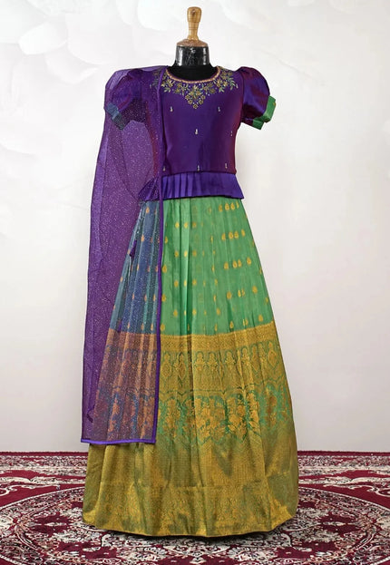 Sea Green Kids Contrast-Trim Langa Voni Girls Ornate Motif Pattu Pavadai