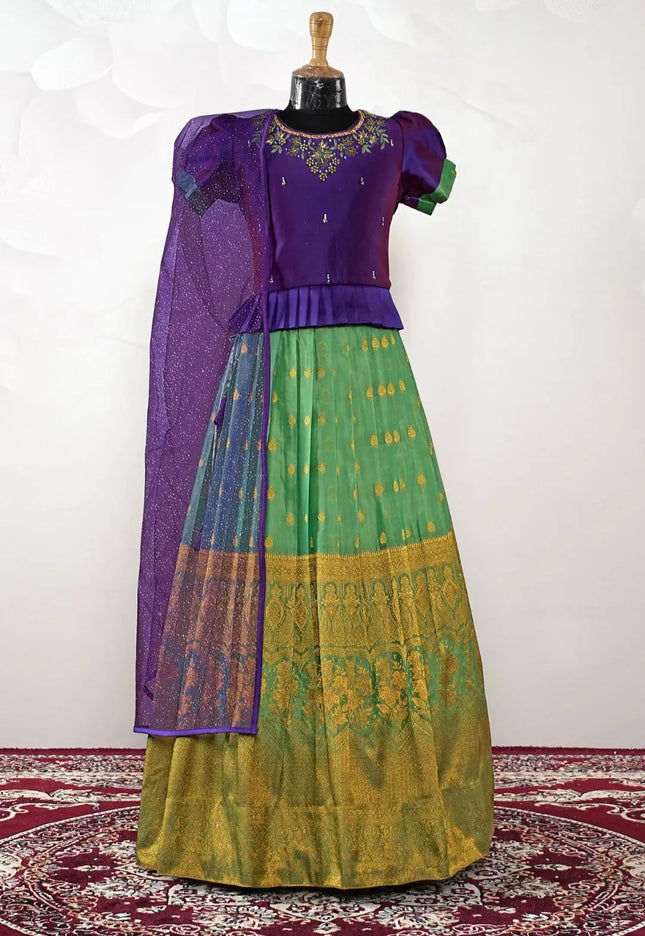 Sea Green Kids Contrast-Trim Langa Voni Girls Ornate Motif Pattu Pavadai