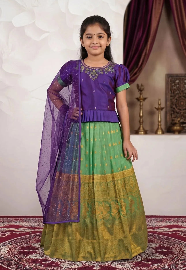 Sea Green Kids Contrast-Trim Langa Voni Girls Ornate Motif Pattu Pavadai