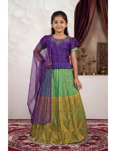 Sea Green Kids Contrast-Trim Langa Voni Girls Ornate Motif Pattu Pavadai