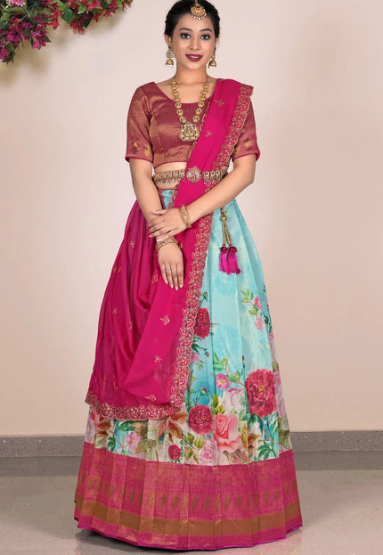 Sea Green Latest Digital Print Banglori Slub Lehenga Choli For Women