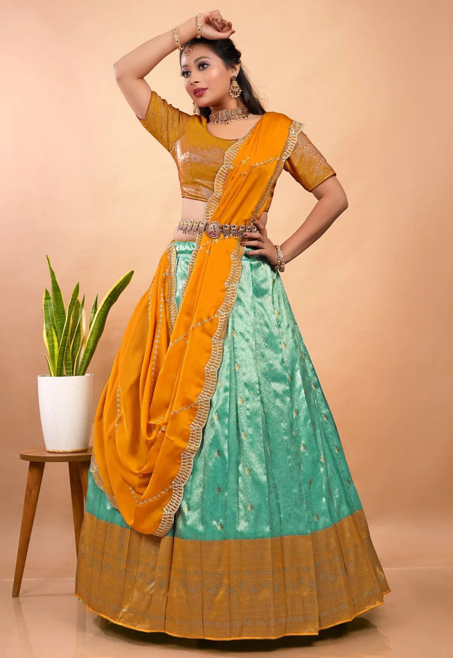 Sea Green Latest Zari Self Jacquard Lehenga Choli Set