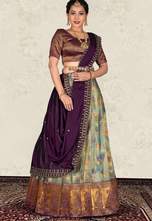 Sea Green Latest Zari Tissue Digital Print Lehenga Choli For Women