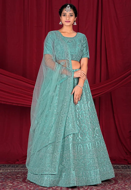 Sea Green Net Embroidered Designer Lehenga Choli For Events
