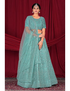 Sea Green Net Embroidered Designer Lehenga Choli For Events