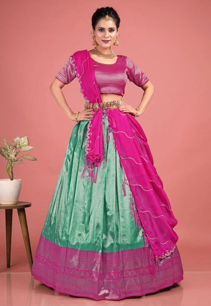 Sea Green Self Jacquard Lehenga Choli With Zari Woven