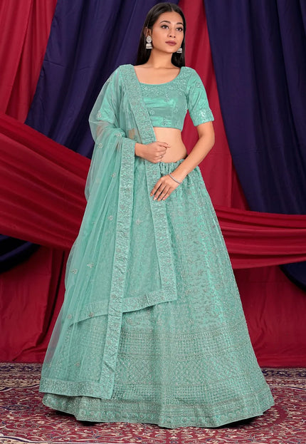 Sea Green Semi-Stitch Embroidered Net Lehenga Choli For Women