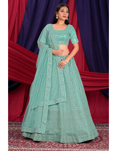 Sea Green Semi-Stitch Embroidered Net Lehenga Choli For Women